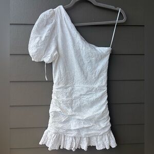 Boutique White Eyelet Ruched One-Shoulder Bodycon Mini Dress | SM